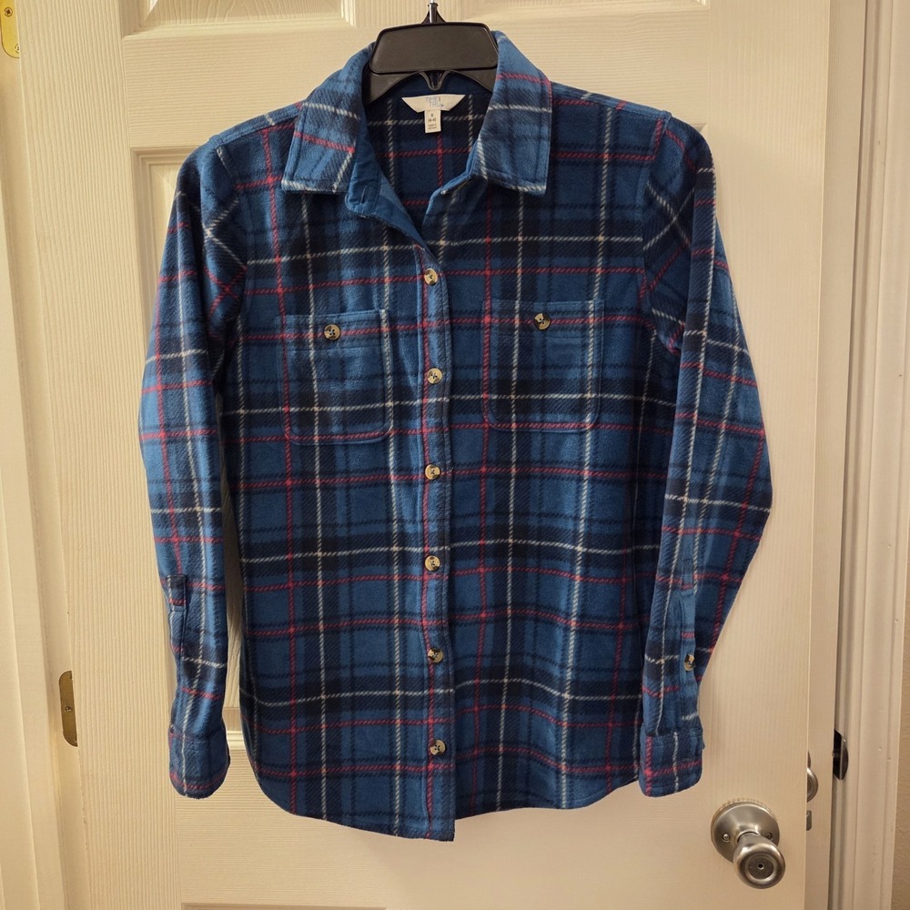 Time and Tru sz S 4/6 teal fleece button up shacket plaid cozy casual everyday